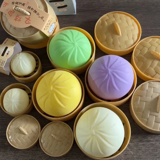 Dumpling Squishes Stress Balls with Steamer, Cute Anxiety Relief Toy, Soft Squeeze Decompression Dough for Adults, Simulation Food Squishies Steamer Bun Fidget Toy for Adults and Kids